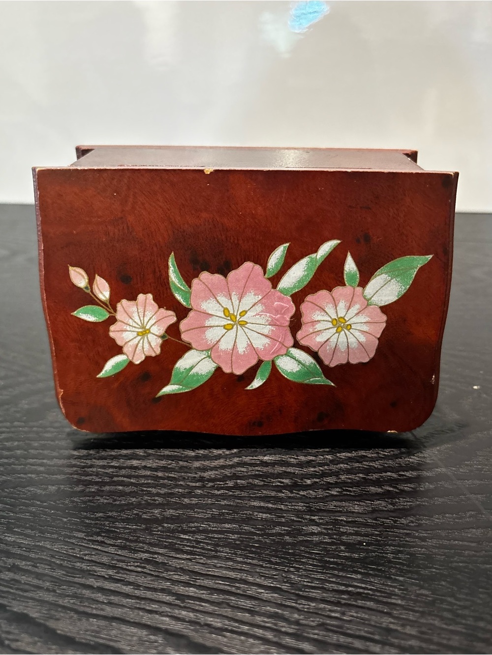 Vintage Wooden Trinket Box with Pink Floral Design